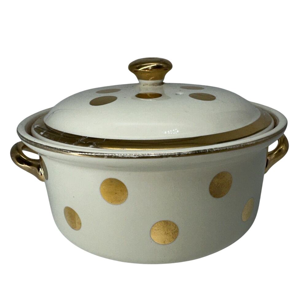 Vtg 1950 Hall's Superior Kitchenware Covered Casserole Dish Bowl Gold‎ Polka Dot